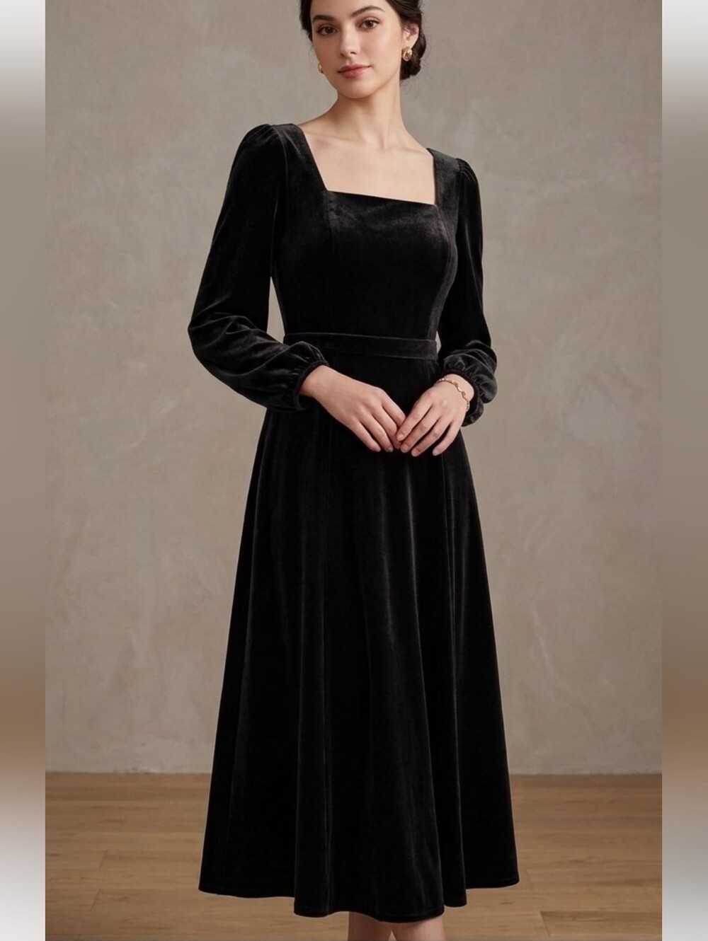 NWT Chic Square Neck Plain Black Velvet Midi Dress A-Line Japanese Brand Lined